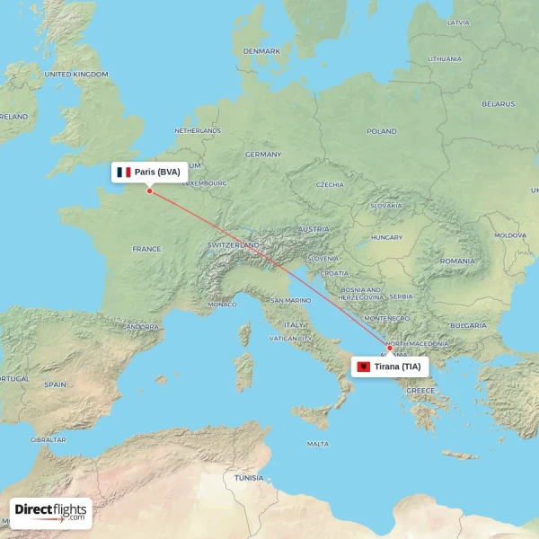 Tirana - Paris direct flight map