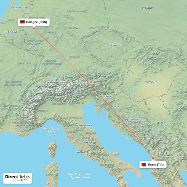 Tirana - Cologne direct flight map