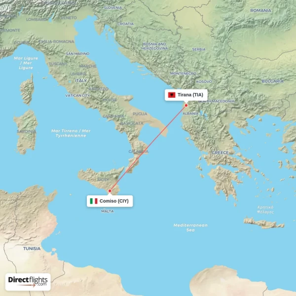 Tirana - Comiso direct flight map