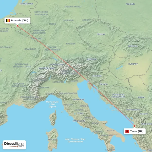 Tirana - Brussels direct flight map