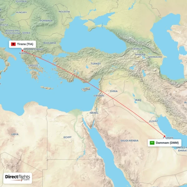 Tirana - Dammam direct flight map
