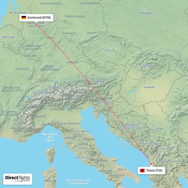 Tirana - Dortmund direct flight map