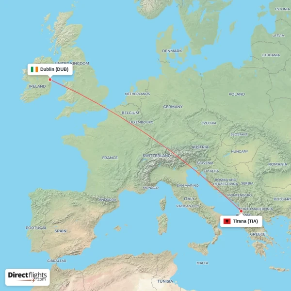 Tirana - Dublin direct flight map