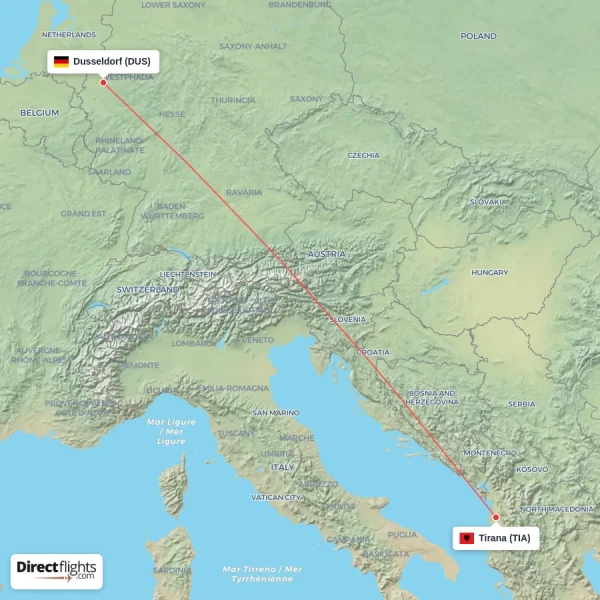 Tirana - Dusseldorf direct flight map