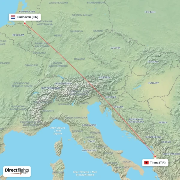 Tirana - Eindhoven direct flight map
