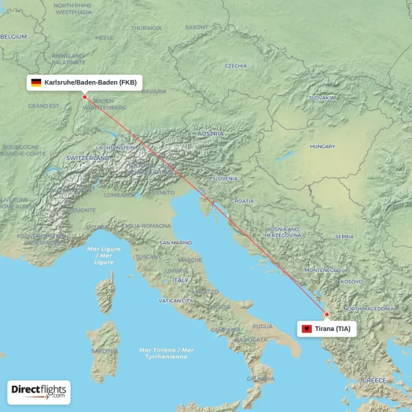 Tirana - Karlsruhe/Baden-Baden direct flight map