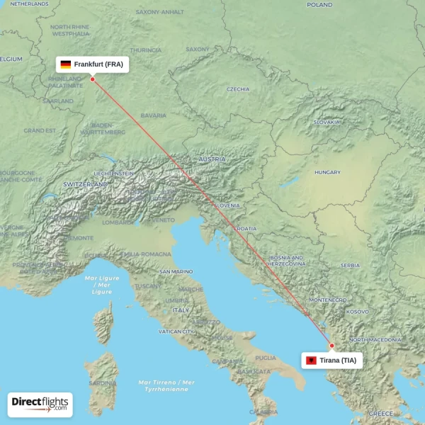 Tirana - Frankfurt direct flight map