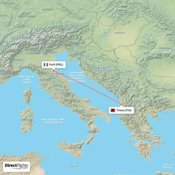 Tirana - Forli direct flight map