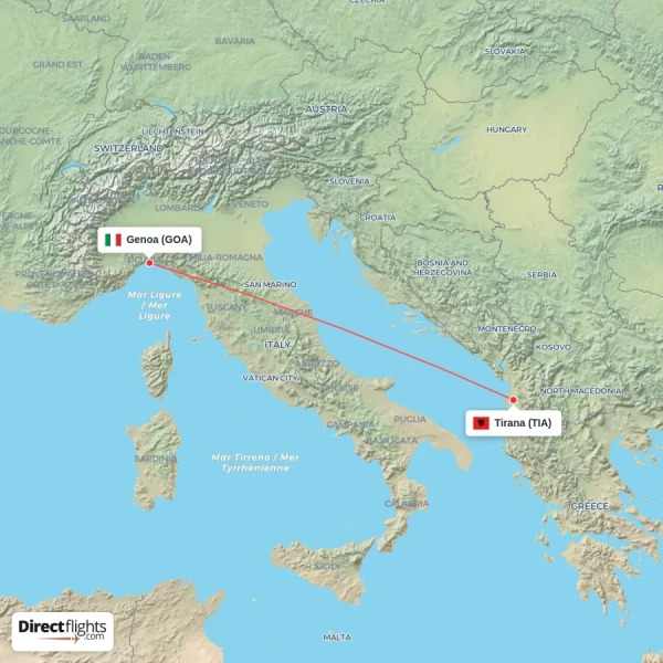 Tirana - Genoa direct flight map