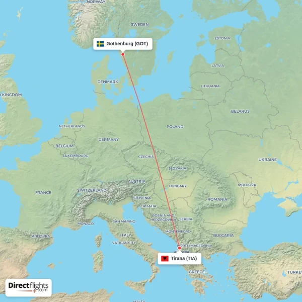 Tirana - Gothenburg direct flight map