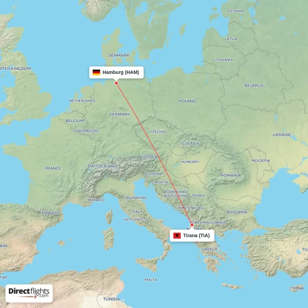 Tirana - Hamburg direct flight map