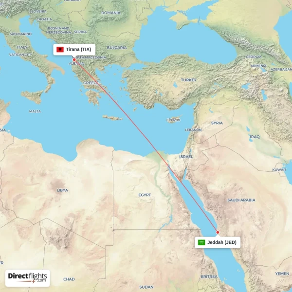Tirana - Jeddah direct flight map