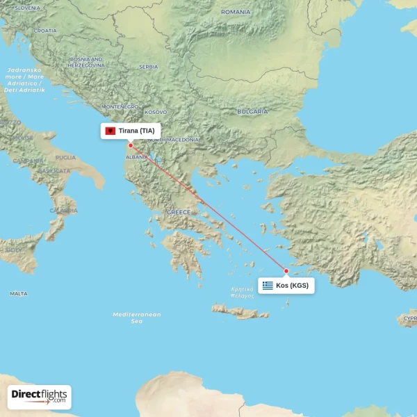 Tirana - Kos direct flight map
