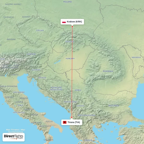 Tirana - Krakow direct flight map