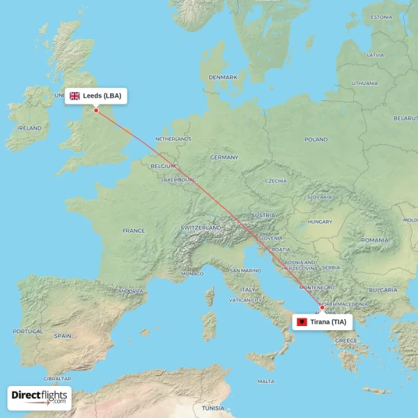 Tirana - Leeds direct flight map