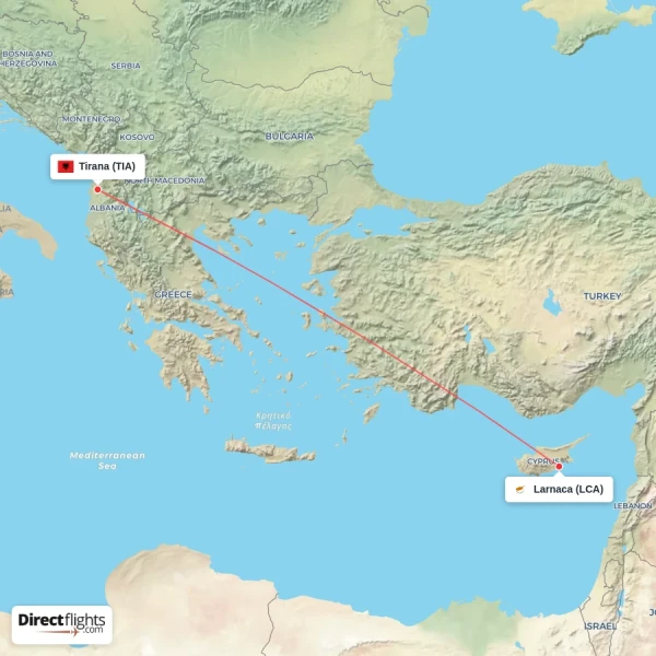 Tirana - Larnaca direct flight map
