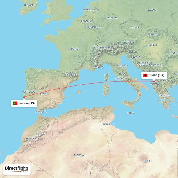 Tirana - Lisbon direct flight map