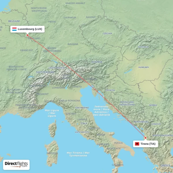 Tirana - Luxembourg direct flight map