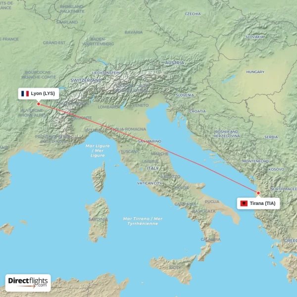 Tirana - Lyon direct flight map