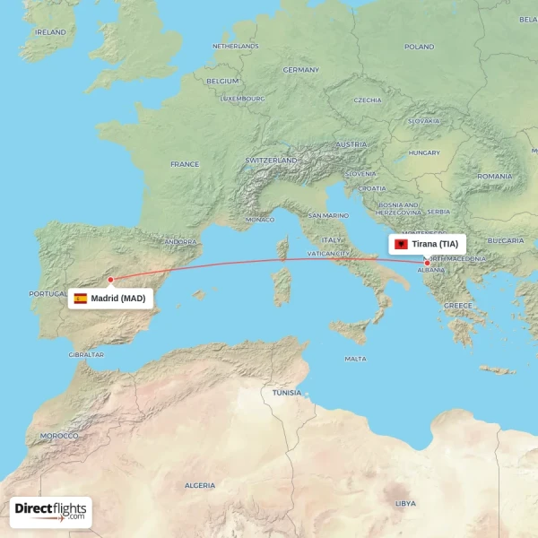 Tirana - Madrid direct flight map