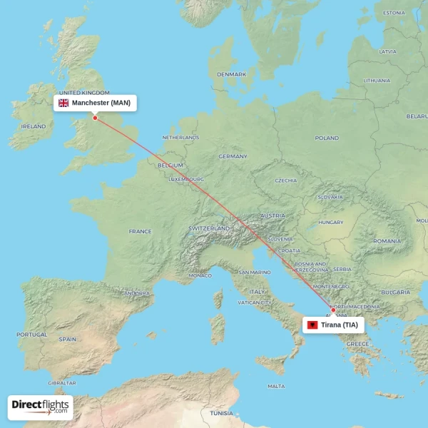 Tirana - Manchester direct flight map