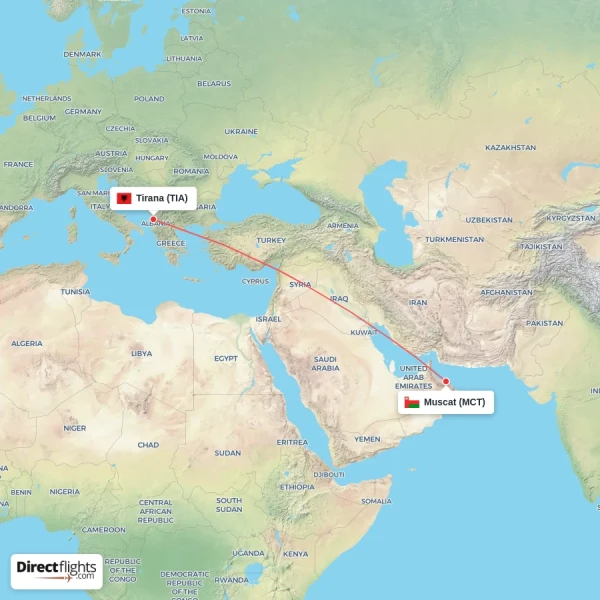 Tirana - Muscat direct flight map