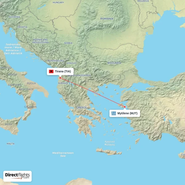 Tirana - Mytilene direct flight map