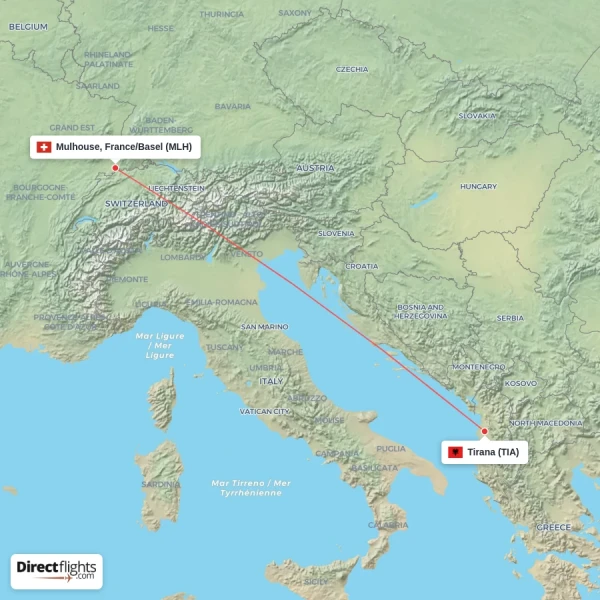 Tirana - Mulhouse, France/Basel direct flight map
