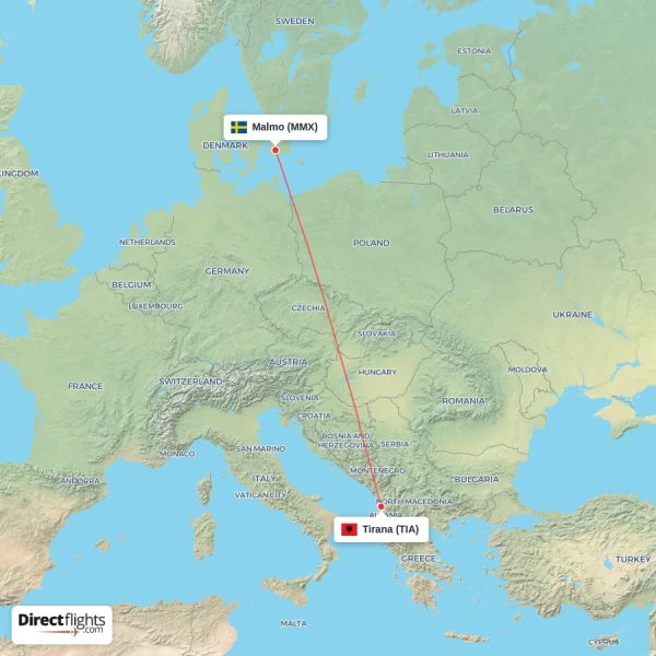 Tirana - Malmo direct flight map