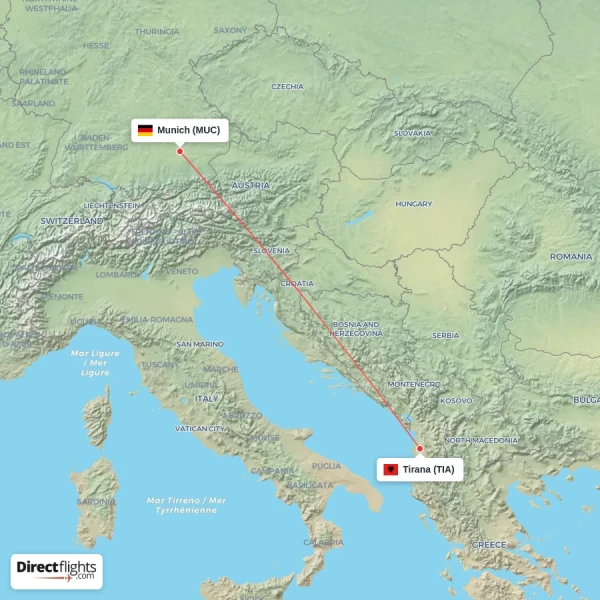 Tirana - Munich direct flight map