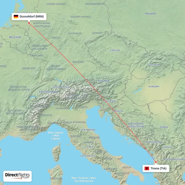 Tirana - Dusseldorf direct flight map