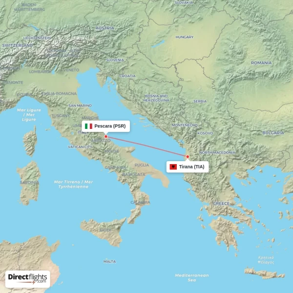 Tirana - Pescara direct flight map