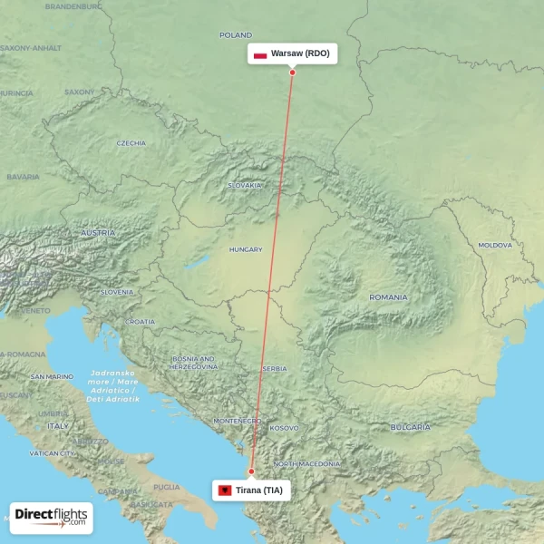 Tirana - Warsaw direct flight map
