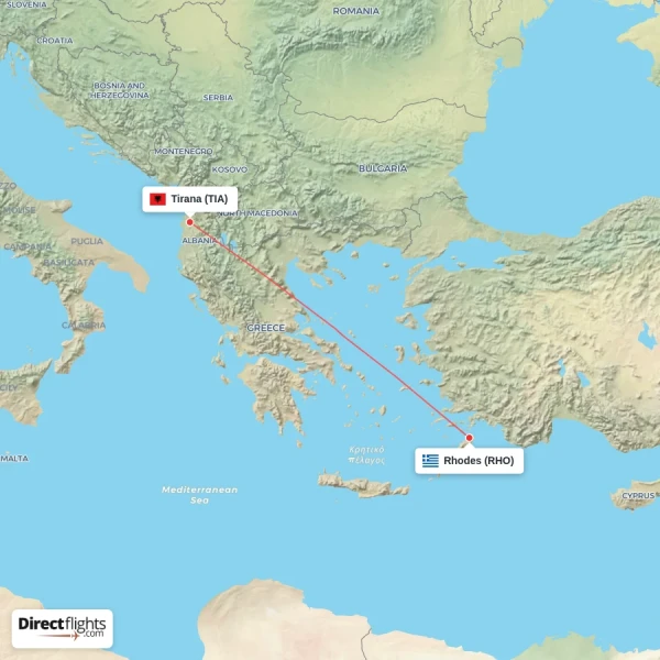 Tirana - Rhodes direct flight map