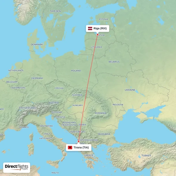 Tirana - Riga direct flight map