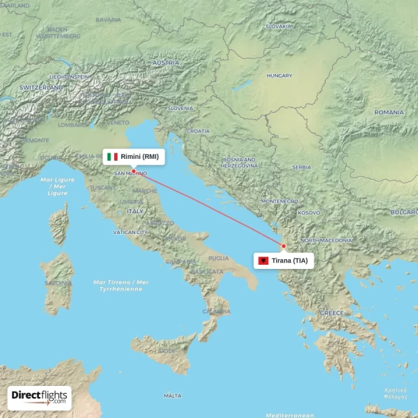 Tirana - Rimini direct flight map