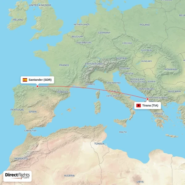 Tirana - Santander direct flight map