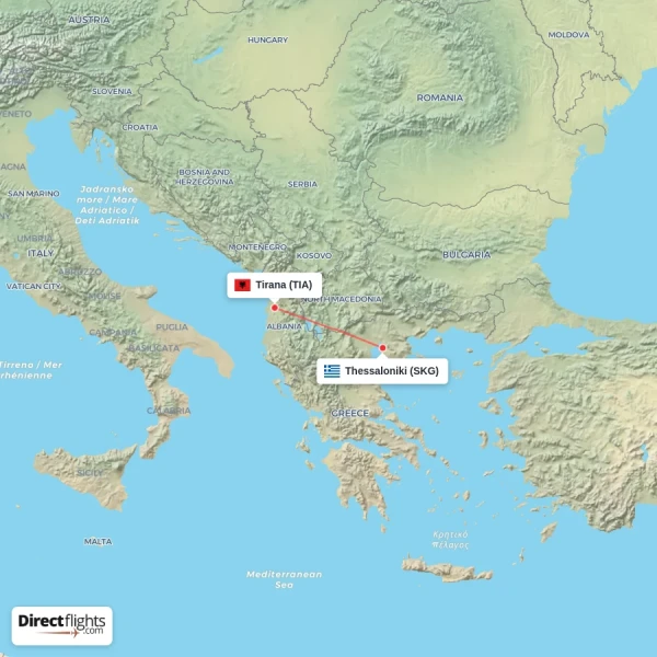 Tirana - Thessaloniki direct flight map