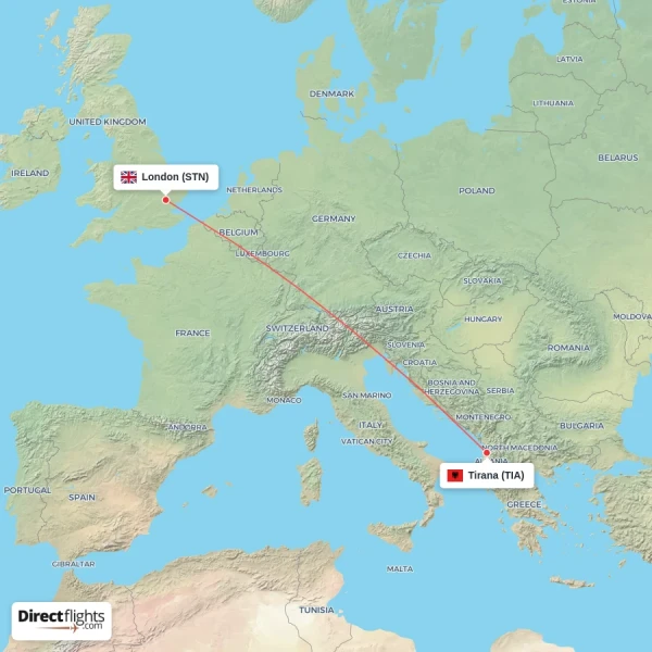 Tirana - London direct flight map