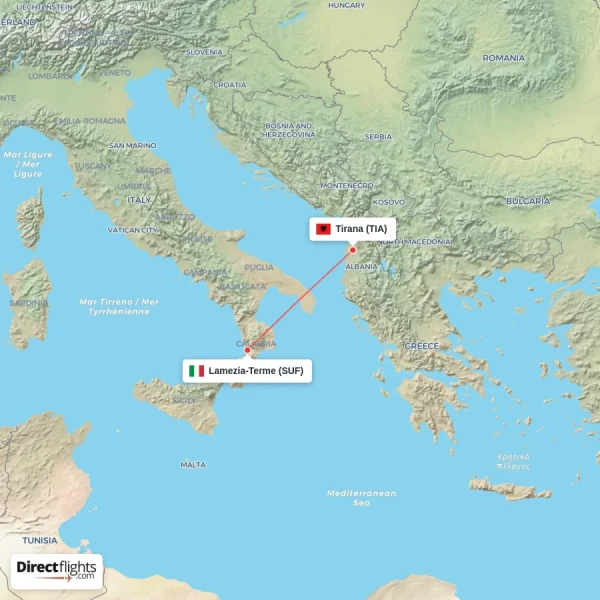 Tirana - Lamezia-Terme direct flight map