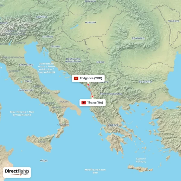 Tirana - Podgorica direct flight map