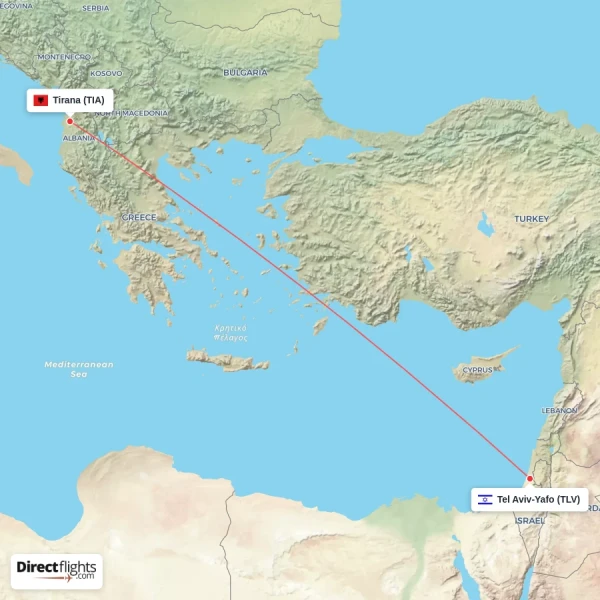 Tirana - Tel Aviv-Yafo direct flight map