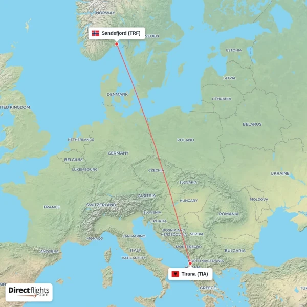 Tirana - Sandefjord direct flight map