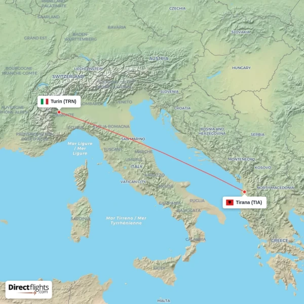 Tirana - Turin direct flight map