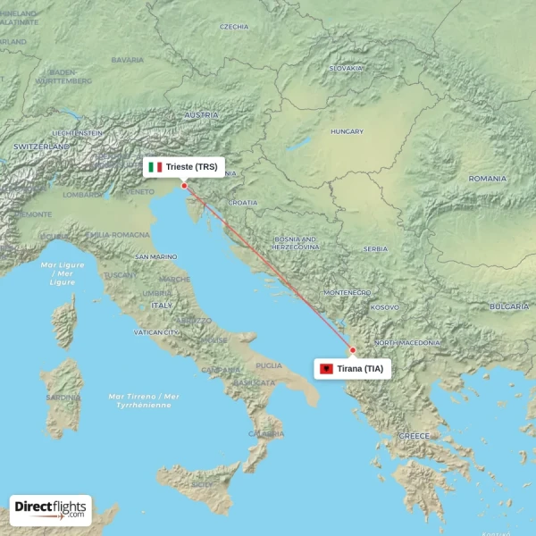 Tirana - Trieste direct flight map
