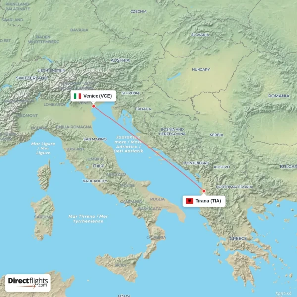 Tirana - Venice direct flight map