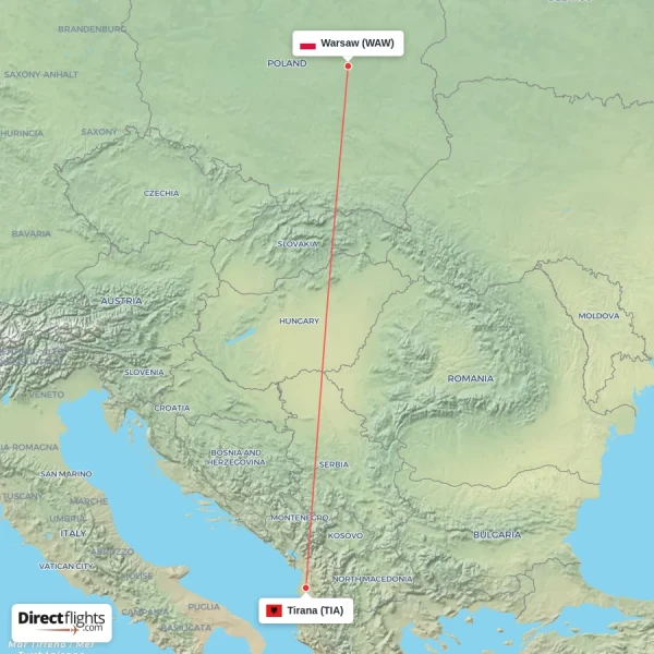 Tirana - Warsaw direct flight map