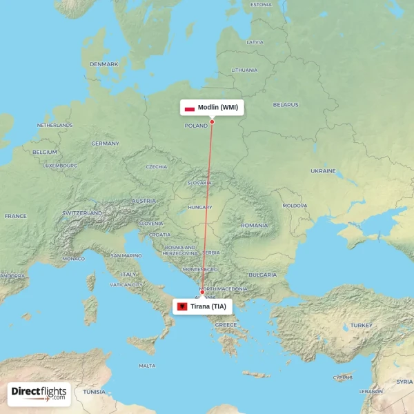 Tirana - Modlin direct flight map
