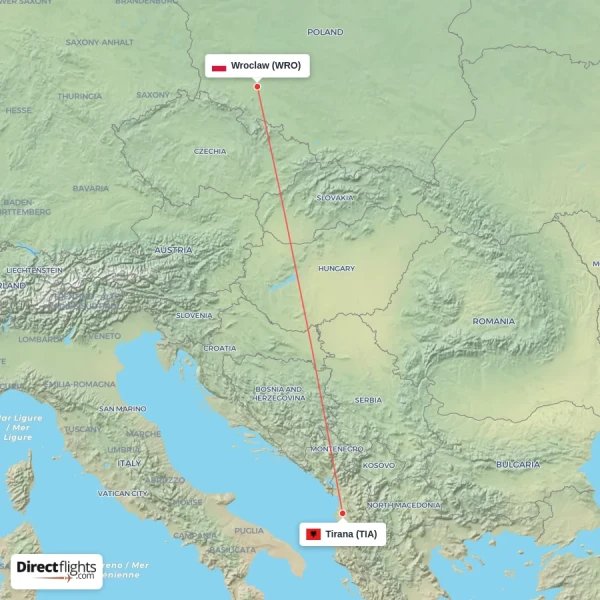 Tirana - Wroclaw direct flight map