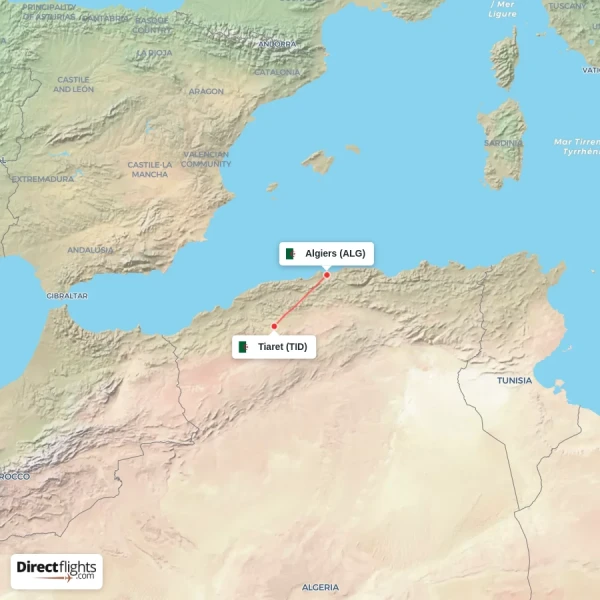 Tiaret - Algiers direct flight map